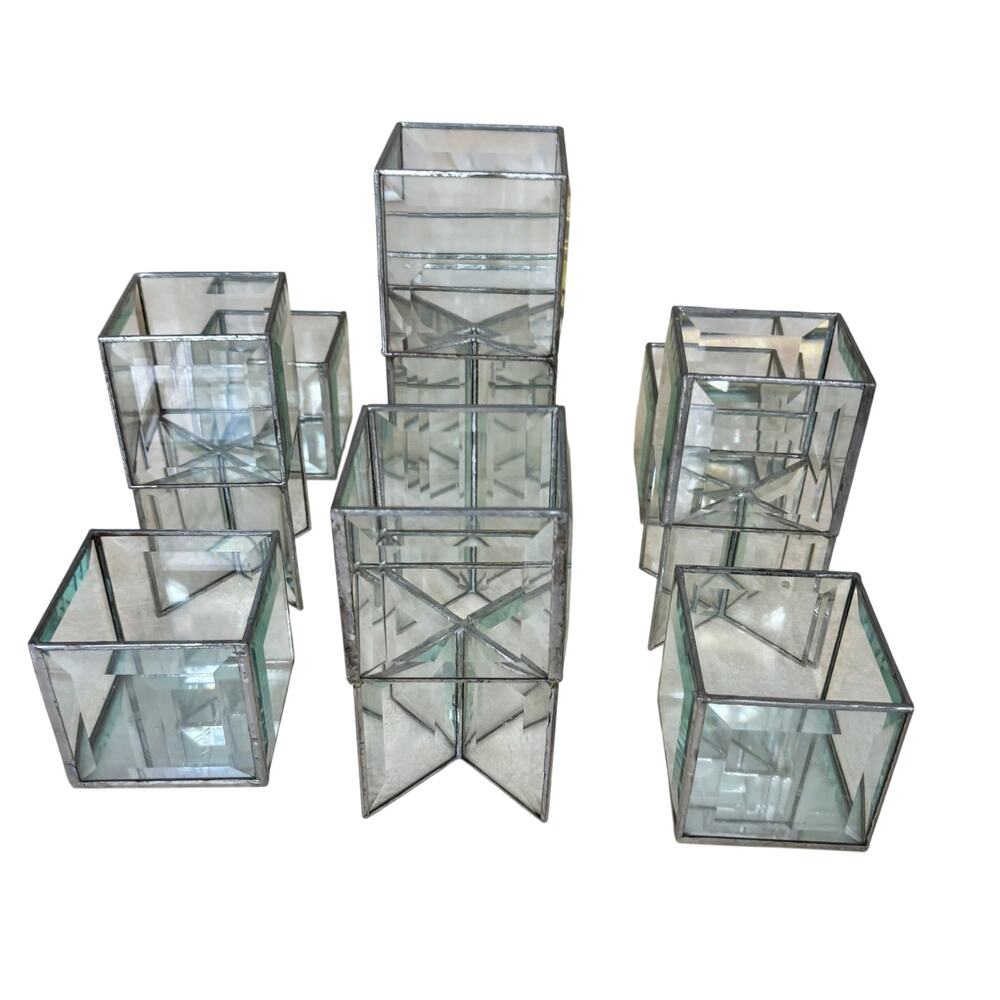 Vintage 3 Tier Leaded and Beveled Glass Mirror 9 Piece Cube Votive Candle Holder - Picture 6 of 14